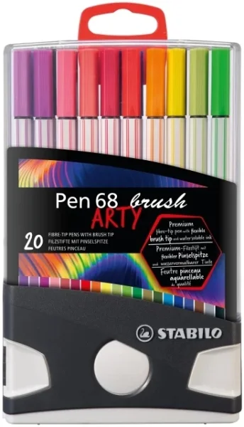 Stabilo Pen 68 Brush Arty Caja de Plastico Rigida con 30 Rotuladores - Punta de Pincel - Tinta a Base de Agua - Colores Surtidos