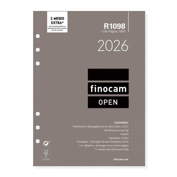 Finocam R1098 Recambio Anual 2026 para Agendas Open 2026 - Formato 1000 - 155x15x215mm - 1 Dia por Pagina - Color Blanco