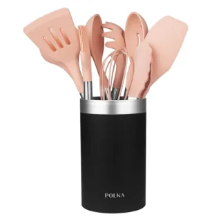 Cecotec Polka Experience Gravity Pack de 9 Utensilios de Cocina - Mango Acero y Caucho Termoplastico - Silicona Antiadherente - Resistente hasta 220°C - Soporte - Libre de BPA - Color Rosa P