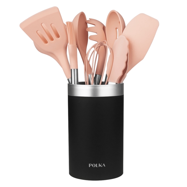 Cecotec Polka Experience Gravity Pack de 9 Utensilios de Cocina - Mango Acero y Caucho Termoplastico - Silicona Antiadherente - Resistente hasta 220°C - Soporte - Libre de BPA - Color Rosa P