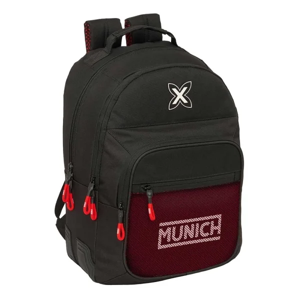 Safta Munich Vulcan Mochila con 2 Compartimentos - Cantoneras Antirozaduras - Adaptable a Carro - Portabotellas - Tirador Doble - Asa Forrada - 20L - 320x150x420mm - Color Negro y Rojo