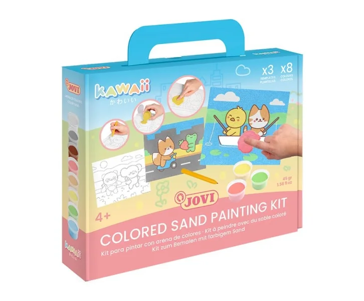 Jovi Kawaii Kit Pinta con Arena con 8 Botes de Arena + 1 Punzon + 3 Laminas con Diseños Kawaii - Colores Surtidos
