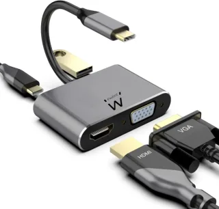 Ewent Hub 4 en 1 - HDMI - VGA - USB 3.2 Gen1 - USB-C PD 60W - Color Aluminio