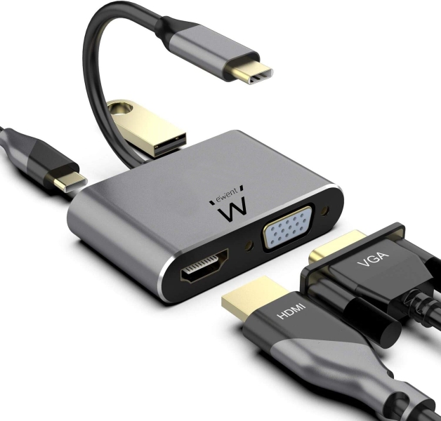 Ewent Hub 4 en 1 - HDMI - VGA - USB 3.2 Gen1 - USB-C PD 60W - Color Aluminio