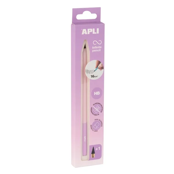 Apli Infinite Pencil Nordik Pack de Lapiz Infinito HB + Mina de Recambio + Tapon Protector - Para Escribir hasta 16km - Color Lila