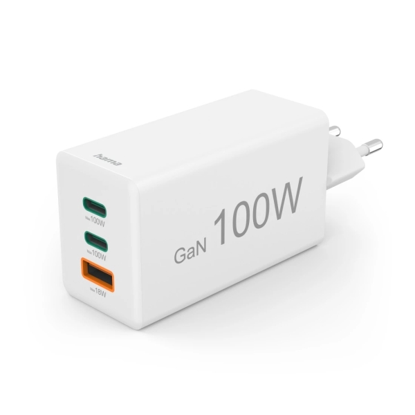 Hama Cargador de Pared - Potencia 100W - 2x USB-C - USB-A - Power Delivery - Qualcomm - GaN - Color Blanco