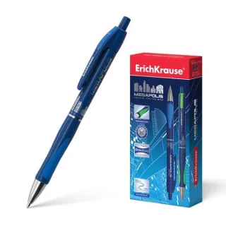 Erichkrause Boligrafo Automatico Megapolis Concept - Cuerpo Satinado Redondo - Zona de Agarre Ergonomica - Punta de 5 Canales - Tinta de Secado Rapido - Color Azul · Pack de 12 uds.