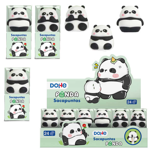 Dohe Expositor de 24 Sacapuntas - 1 Orificio y Cuchilla de Acero - Con Forma de Oso Panda