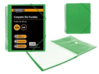 Ingraf Carpeta 30 Fundas A4 + Sobre con Broche - Espiral Plastica Indeformable - Apertura 360 Grados - Portada Personalizable - Color Verde