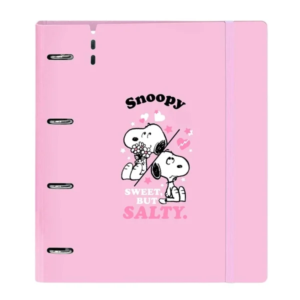 Safta Snoopy Carpeta de 4 Anillas de 35mm - Recambio de 100 Hojas A4 - Cuadricula de 5x5mm - 90g/m2 - Solapa Portadocumentos - Goma Elastica - 27x32x4cm - Color Rosa