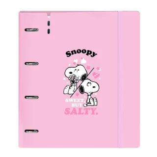 Safta Snoopy Carpeta de 4 Anillas de 35mm - Recambio de 100 Hojas A4 - Cuadricula de 5x5mm - 90g/m2 - Solapa Portadocumentos - Goma Elastica - 27x32x4cm - Color Rosa