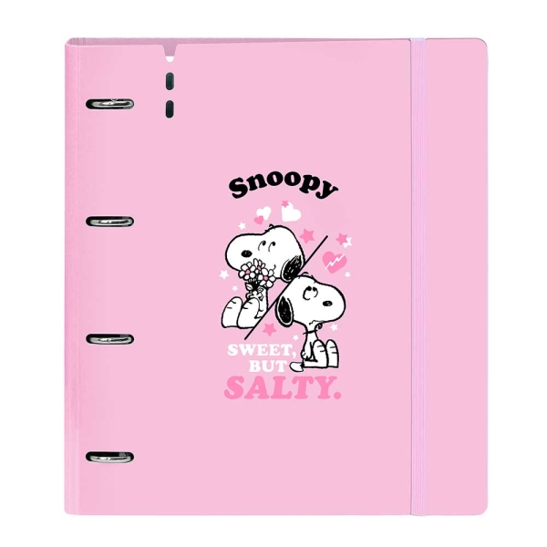 Safta Snoopy Carpeta de 4 Anillas de 35mm - Recambio de 100 Hojas A4 - Cuadricula de 5x5mm - 90g/m2 - Solapa Portadocumentos - Goma Elastica - 27x32x4cm - Color Rosa