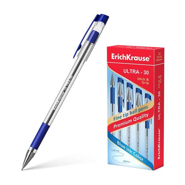 Erichkrause Boligrafo Ultra-30 - Recargable con Punta Fina Fine Tip - Cuerpo Transparente con Agarre de Goma - Tinta de Secado Rapido - Color Azul · Pack de 12 uds.