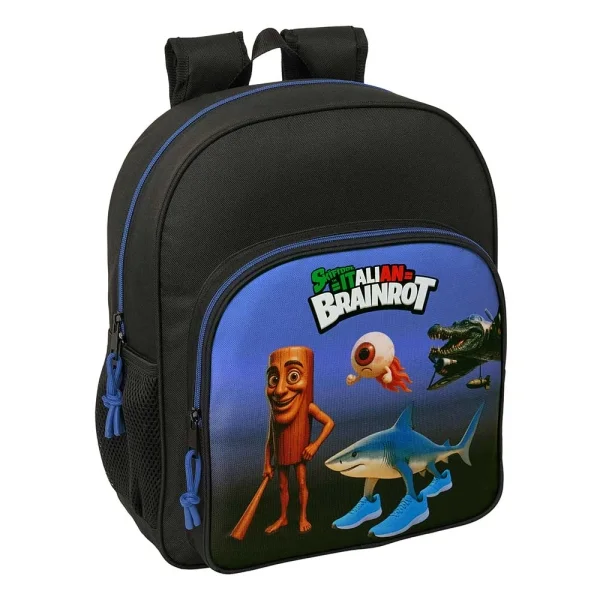 Safta Brainrot Mochila - 15L - Adaptable a Carro - Bolsillo Frontal - Portabotellas - Cremallera con Doble Tirador - Asa de Mano - Hombreras y Espalda Acolchada - 32x38x12cm - Color Negro y Azul