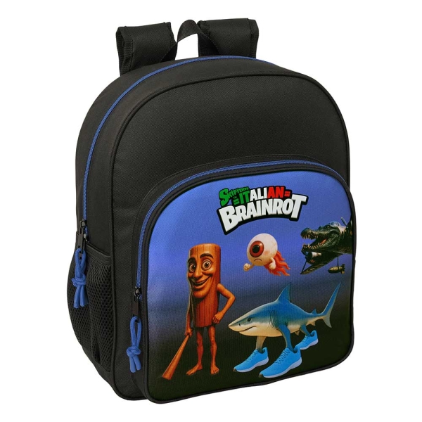 Safta Brainrot Mochila - 15L - Adaptable a Carro - Bolsillo Frontal - Portabotellas - Cremallera con Doble Tirador - Asa de Mano - Hombreras y Espalda Acolchada - 32x38x12cm - Color Negro y Azul
