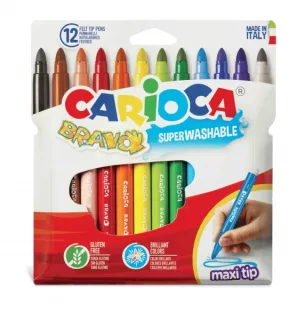 Carioca Bravo Pack de 12 Rotuladores - Cuerpo Octogonal Maxi - Tinta Superlavable - Punta Maxi 6mm Bloqueada - Tapa Ventilada - Colores surtidos