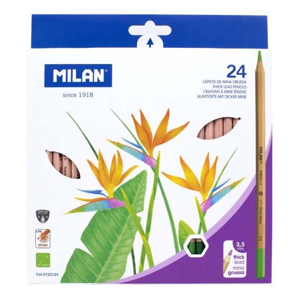 Milan Pack de 24 Lapices Hexagonales de Colores - Mina Gruesa 3.5mm - Resistente a la Rotura - Madera Certificada FSC - Colores Surtidos