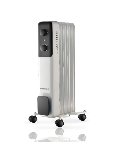 Daewoo DW9504 Radiador de Aceite - Potencia 1000W - 5 Elementos - Termostato Regulable - Ruedas - Asa de Transporte - Funcionamiento Automatico - Color Blanco y Negro