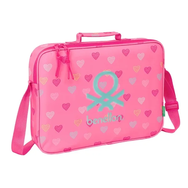 Safta Benetton Heart Maletin con Cremallera - Bandolera Ajustable - Asa Forrada - Doble Tirador en Cremallera - Fondo Interior Semirigido - 6L - 380x60x280mm - Color Rosa