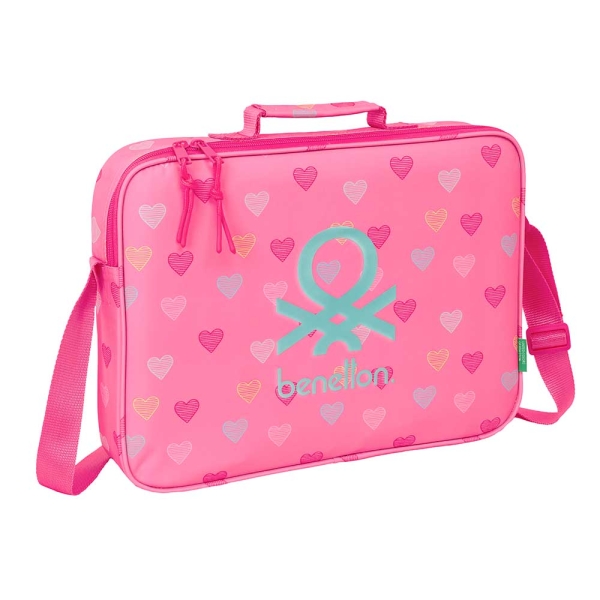 Safta Benetton Heart Maletin con Cremallera - Bandolera Ajustable - Asa Forrada - Doble Tirador en Cremallera - Fondo Interior Semirigido - 6L - 380x60x280mm - Color Rosa