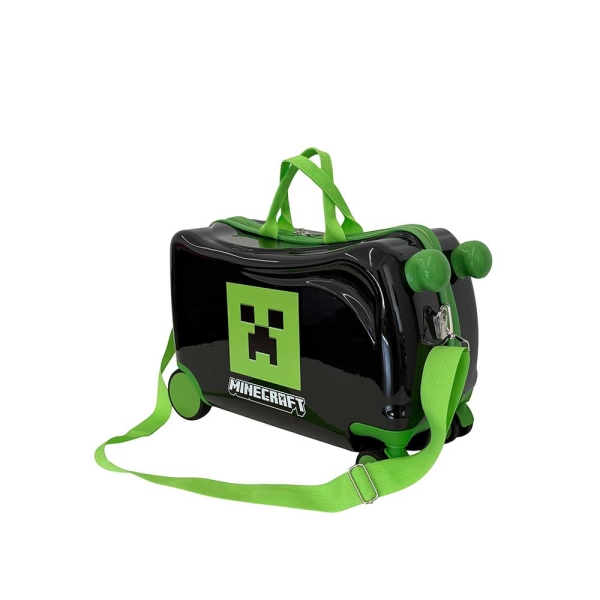 Safta Minecraft Maleta Trolley Infantil - Reposapies - Bandolera Ajustable - Asas de Mano - Tiradores con Ranura para Candado - Interior Forrado - 44x27x21cm - Color Negro y Verde