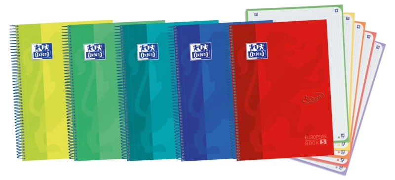 Oxford Europeanbook 5 Touch Cuaderno Espiral A4+ Cuadricula 5x5 - 120 Hojas con Bandas de Color - Tapa Extradura Resistente - Colores Vivos Surtidos · Pack de 5 uds.