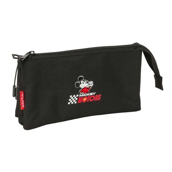Safta Mickey and Friends Racing - Teen Portatodo - 3 Compartimentos con Cremallera - Bolsillo Interior Central - 22x12x3cm - Color Negro