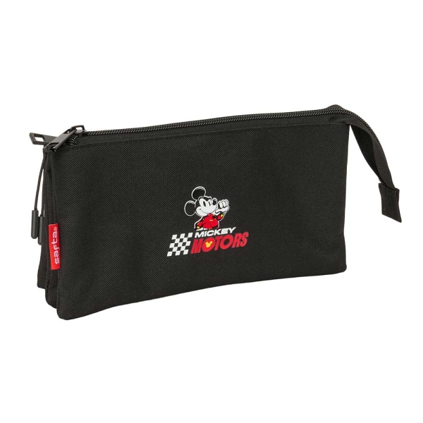 Safta Mickey and Friends Racing - Teen Portatodo - 3 Compartimentos con Cremallera - Bolsillo Interior Central - 22x12x3cm - Color Negro