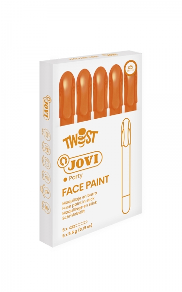 Jovi Twist Stick de Pintura de Cara - Hipoalergenico - Base Agua - Facil Aplicacion - Gran Cobertura - Seca Rapido - Facil de Retirar - sin Parabenos - Color Naranja · Pack de 5 uds.