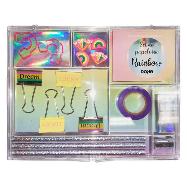Dohe Set de Papeleria de Regalo - Incluye Bloc de Notas 80 Hojas 80x65mm - Clips con Forma 36x28mm - Pinzas 32mm - Push Pins 18.3x12mm - Lapiceros - Afilalapices Metalico - Goma de Borrar Blanca