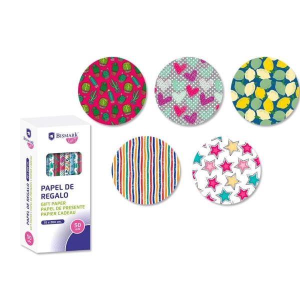 Bismark Moments Rollo de Papel Regalo - Medidas 70cmx200cm - 5 Diseños Diferentes · Pack de 50 uds.