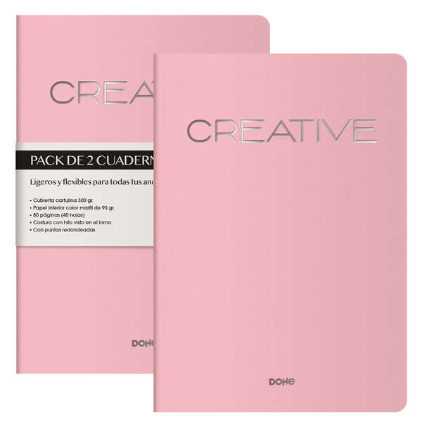 Dohe Creative Cuaderno Notebook A4 40 Hojas Lisas - Papel Ahuesado 90 g/m2 - Tapa en Cartulina 300g/m2 - Color Rosa · Pack de 2 uds.