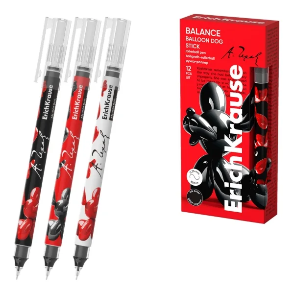 ErichKrause Balance Stick Balloon Dog Boligrafo con Capuchon - Modelos Surtidos - Trazo 0.35mm - Tinta Libre con Regulador de Alimentacion - Color Negro · Pack de 12 uds.