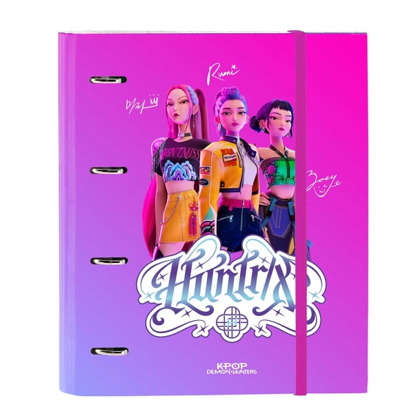 Safta K-Pop Demon Hunters Carpeta de 4 Anillas de 35mm - Recambio de 100 Hojas A4 - Cuadricula de 5x5mm - 80g/m2 - Separadores Internos - Goma Elastica - 27x32x3.5cm - Multicolor