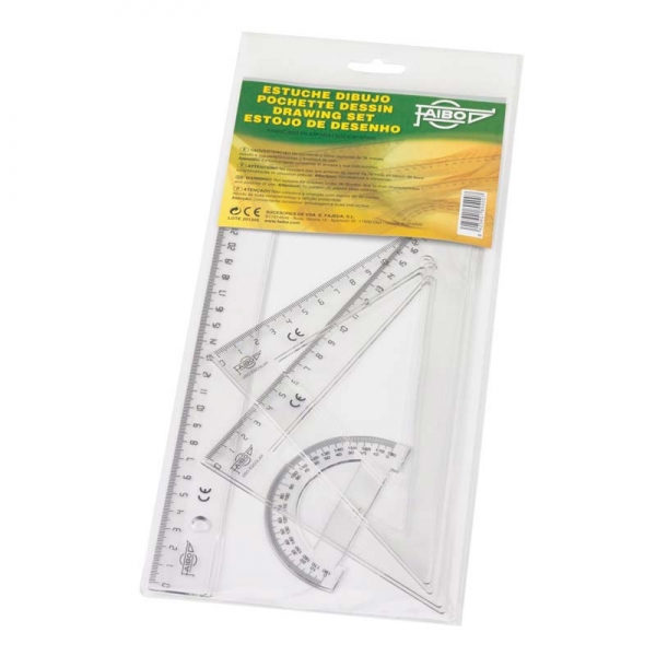 Faibo Pack de Reglas Escolares - Incluye Regla de 30cm, Escuadra de 25cm, Cartabon de 25cm y Semicirculo de 9cm - Presentacion en Bolsa Transparente - Color Transparente