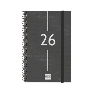 Finocam Year Agenda de Espiral - Anual 2026 - Tapa Ligera - Formato E5 - 125x14x181mm - Semana Vista Horizontal - Color Negro